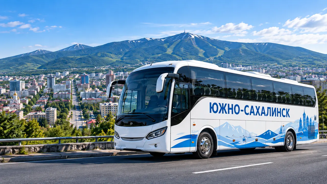 Брендированный автобус Южно-Сахалинск на фоне города